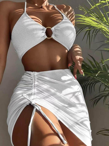 Sexy dreiteiliger Badeanzug-Bikini mit Neckholder in Unifarbe