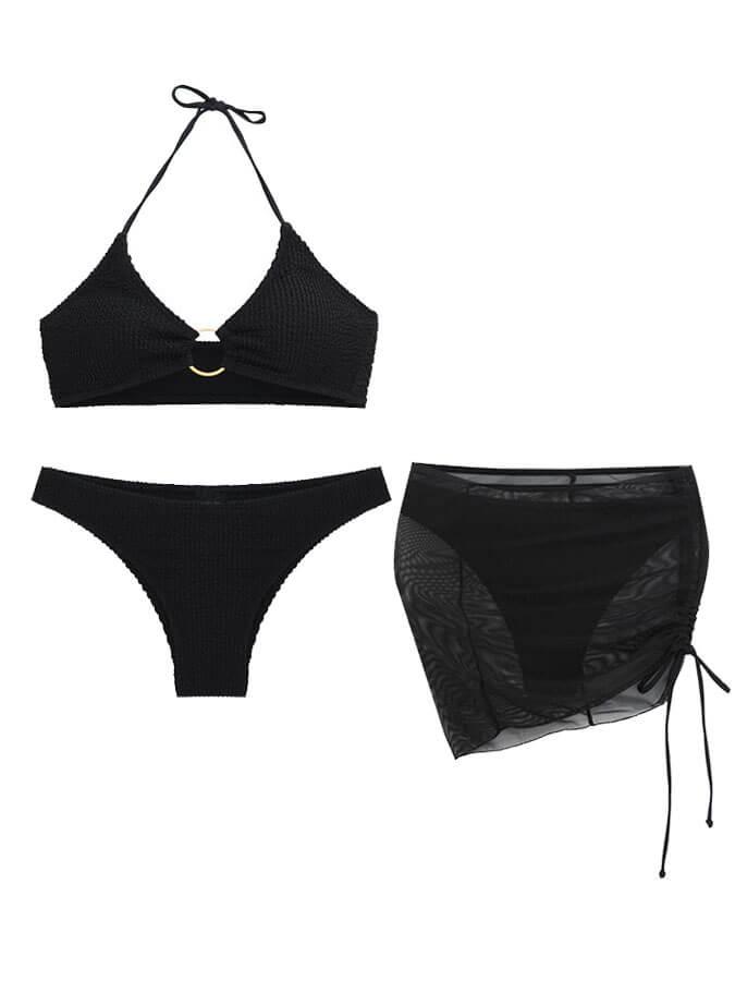 Sexy dreiteiliger Badeanzug-Bikini mit Neckholder in Unifarbe