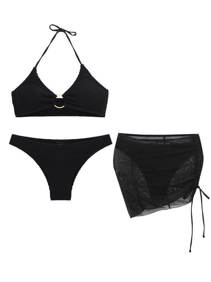 Sexy dreiteiliger Badeanzug-Bikini mit Neckholder in Unifarbe