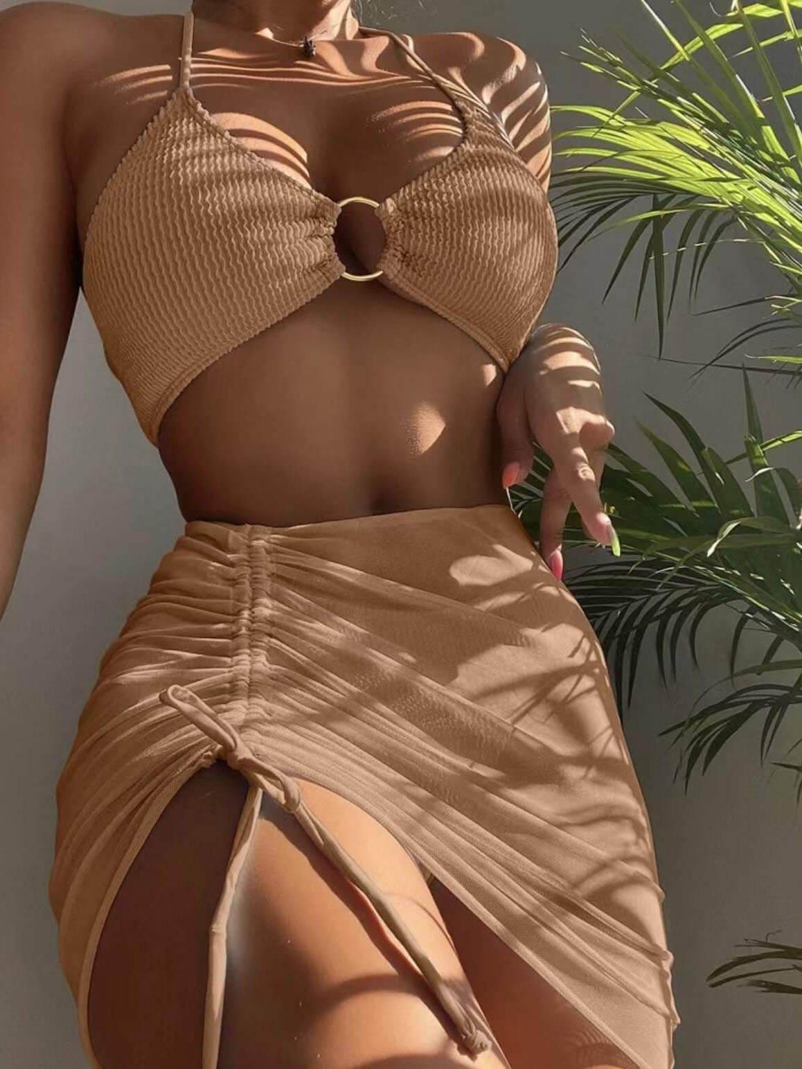 Sexy dreiteiliger Badeanzug-Bikini mit Neckholder in Unifarbe