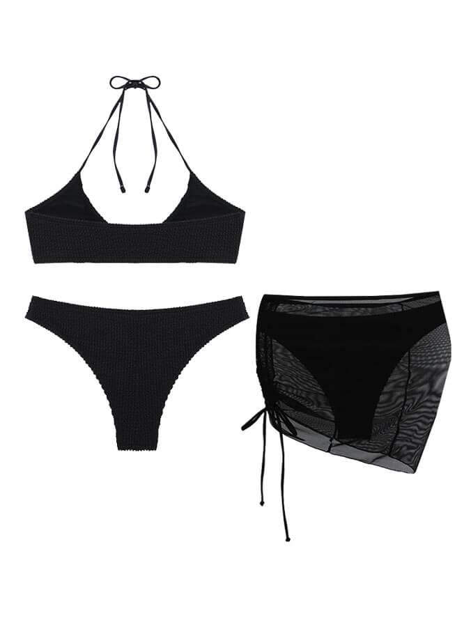 Sexy dreiteiliger Badeanzug-Bikini mit Neckholder in Unifarbe