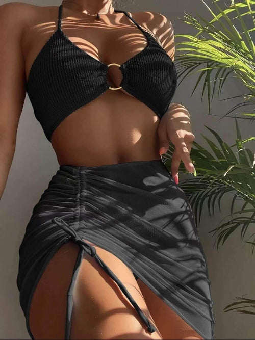 Sexy dreiteiliger Badeanzug-Bikini mit Neckholder in Unifarbe